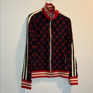Red and Black Patterned Jacket with Stripes